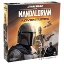 Star Wars: The Mandalorian Adventures board game box featuring the iconic Mandalorian in silver beskar armor prominently displayed on the front cover. The box art showcases a dramatic desert landscape with key characters from the series including Grogu (Baby Yoda), IG-11, and Moff Gideon against an orange sunset sky with spaceships in the background.