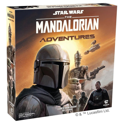 Star Wars: The Mandalorian Adventures board game box featuring the iconic Mandalorian in silver beskar armor prominently displayed on the front cover. The box art showcases a dramatic desert landscape with key characters from the series including Grogu (Baby Yoda), IG-11, and Moff Gideon against an orange sunset sky with spaceships in the background.