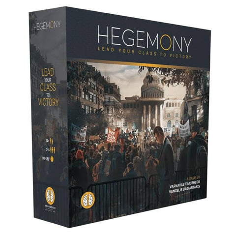 Hegemony board game box featuring a dramatic illustration of a crowded political protest scene in front of a neoclassical government building with columns and dome. The box has a dark, sophisticated design with the game title "HEGEMONY" prominently displayed in white letters at the top, along with the tagline "Lead Your Class to Victory" in gold text.