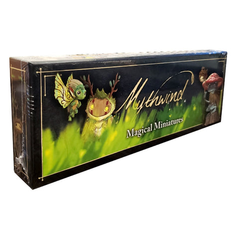 Mythwind Magical Miniatures expansion box featuring fantasy-themed artwork with a green fairy, wooden tree creature, and robed figure against a mystical green and black background.