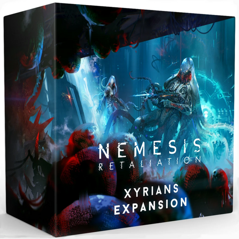 Nemesis Retaliation Xyrians Expansion board game box featuring dramatic sci-fi artwork with armored alien figures in a dark, atmospheric setting. The box displays blue and teal lighting effects with red organic elements, creating a menacing extraterrestrial atmosphere. 