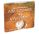 "Terraforming Mars: Amazonis & Vastitas expansion box cover featuring dramatic orange Martian landscape with white polar ice formations. The box displays the game title in bold white letters against a hexagonal grid pattern overlay that evokes the game's distinctive hex-based board design.