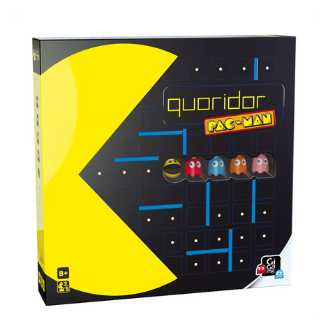 Quoridor Pac-Man board game box featuring a large yellow Pac-Man character on the left side against a dark maze background. The box displays the game's colorful character tokens including Pac-Man and four ghosts (red, blue, orange, and pink) positioned on a grid-like game board with blue walls.