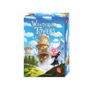 Box art for the board game 'Wandering Towers' showing floating castle towers against a blue sky with clouds. A wizard in a dark robe with a red hood holds a glowing staff in the foreground, with magical towers rising behind them. The fantasy-themed game box features whimsical artwork with animals in the landscape and distant mountains.