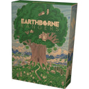 Earthborne Rangers board game box featuring a massive tree with buildings nestled in its canopy against a mountainous landscape. The box art displays a fantastical wilderness scene with various structures built into and around an enormous central tree, surrounded by rolling hills, mountains, and smaller settlements.