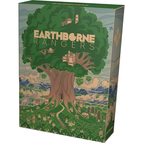 Earthborne Rangers board game box featuring a massive tree with buildings nestled in its canopy against a mountainous landscape. The box art displays a fantastical wilderness scene with various structures built into and around an enormous central tree, surrounded by rolling hills, mountains, and smaller settlements.