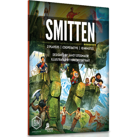 Smitten board game box cover featuring colorful illustrated scenes from various Stonemaier Games titles arranged in a comic book panel style.