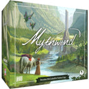 Mythwind board game box featuring a scenic fantasy valley with rolling green hills, a winding river, and colorful flying sprites in the sky. The artwork shows travelers with a horse-drawn cart journeying through the peaceful landscape toward distant mountains and waterfalls.