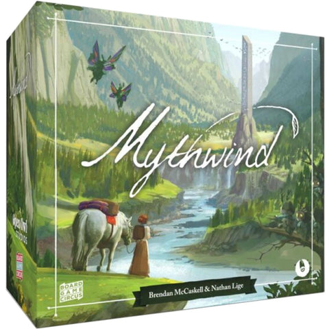 Mythwind board game box featuring a scenic fantasy valley with rolling green hills, a winding river, and colorful flying sprites in the sky. The artwork shows travelers with a horse-drawn cart journeying through the peaceful landscape toward distant mountains and waterfalls.