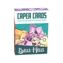 Caper Cards board game box featuring colorful comic book-style artwork of fantasy adventurers including a blonde woman, purple-haired character, and robotic companion. The box has a teal and purple color scheme with "CAPER CARDS" prominently displayed at the top and "BELLS HELLS" branding at the bottom. 