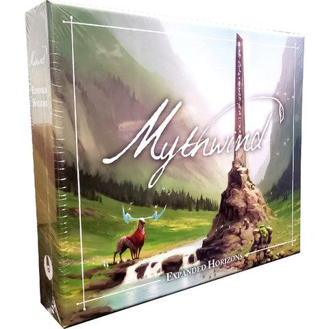 Mythwind Expanded Horizons board game expansion box featuring fantasy artwork of a majestic stag with glowing antlers standing on a rocky outcrop in a lush, sunlit valley.