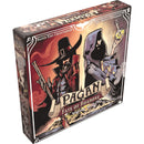 The dramatic artwork features a witch hunter in a red coat and wide-brimmed hat on the left, facing a cloaked figure holding a skull staff on the right, set against a warm-colored background with mystical elements. The game box has a dark, atmospheric art style reflecting its colonial American witch hunt theme.