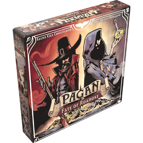 The dramatic artwork features a witch hunter in a red coat and wide-brimmed hat on the left, facing a cloaked figure holding a skull staff on the right, set against a warm-colored background with mystical elements. The game box has a dark, atmospheric art style reflecting its colonial American witch hunt theme.