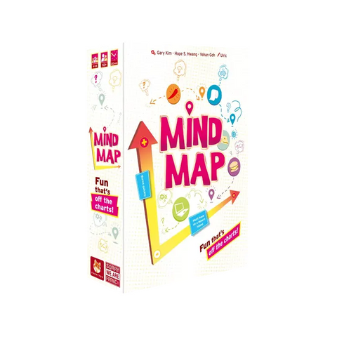 Mind Map is a colorful board game box featuring bold pink lettering and an artistic design with arrows, icons, and coordinate elements. The box displays a vibrant yellow-to-red gradient arrow design with various small icons and symbols scattered around the "MIND MAP" title. 