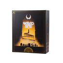 Veiled Fate board game box featuring dramatic cover art with silhouetted figures standing before a golden archway and crescent moon symbol. The box has an elegant black design with gold trim and ornate decorative elements around the borders. 