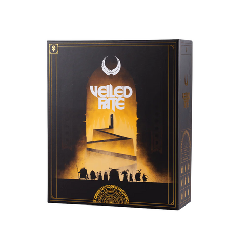 Veiled Fate board game box featuring dramatic cover art with silhouetted figures standing before a golden archway and crescent moon symbol. The box has an elegant black design with gold trim and ornate decorative elements around the borders. 
