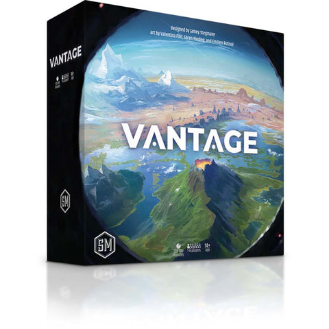 Board game box titled 'Vantage' with mountain and landscape design on a white background