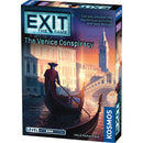 EXIT: The Game - The Venice Conspiracy board game box featuring a gondolier in silhouette navigating Venice's famous canals at sunset. The dramatic cover art shows iconic Venetian architecture including bridges and bell towers bathed in warm orange and purple twilight colors.