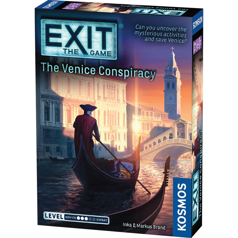 EXIT: The Game - The Venice Conspiracy board game box featuring a gondolier in silhouette navigating Venice's famous canals at sunset. The dramatic cover art shows iconic Venetian architecture including bridges and bell towers bathed in warm orange and purple twilight colors.