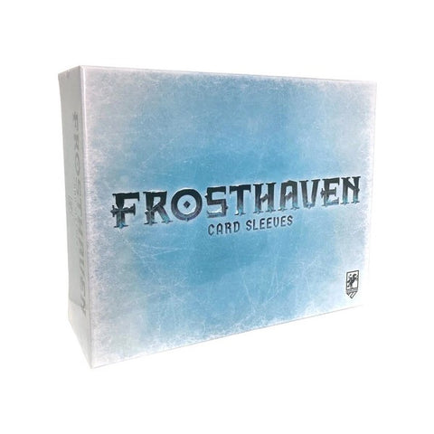 Frosthaven Card Sleeves box featuring an icy blue gradient background with frosted white edges and bold black lettering. The packaging displays the Frosthaven logo prominently across the center in a fantasy-style font.