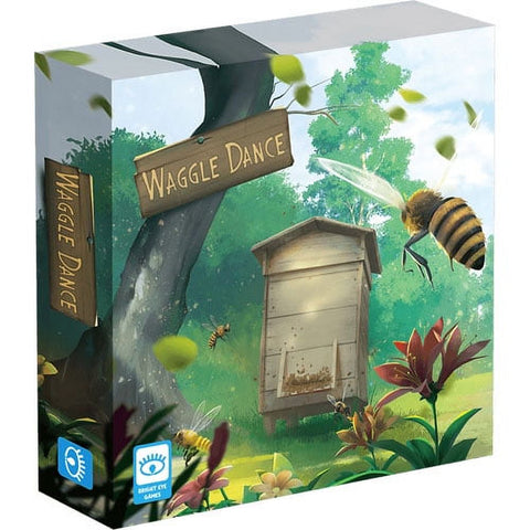 Waggle Dance board game box featuring a charming beehive scene with wooden beehive, flying bees, and lush green foliage. The box art depicts a peaceful garden setting with colorful plants and leaves scattered in the air, emphasizing the bee and honey-making theme.