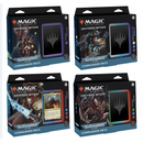 Four Warhammer 40,000 Commander Decks for Magic: The Gathering from the Universes Beyond series, displayed in their retail packaging. Each box features different faction artwork from the Warhammer 40,000 universe, with distinctive colored borders (purple, blue, red, and green) and the Magic: The Gathering logo prominently displayed.