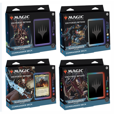 Four Warhammer 40,000 Commander Decks for Magic: The Gathering from the Universes Beyond series, displayed in their retail packaging. Each box features different faction artwork from the Warhammer 40,000 universe, with distinctive colored borders (purple, blue, red, and green) and the Magic: The Gathering logo prominently displayed.