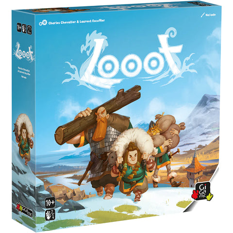 Looot board game box featuring colorful Viking-themed artwork with warriors carrying supplies and wooden logs across a scenic Nordic landscape. The box displays the game's distinctive white logo against a bright blue sky background, with detailed illustrations of bearded Viking characters in traditional clothing.