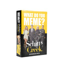 What Do You Meme? Schitt's Creek Expansion Pack board game box featuring four cast members from the TV show against a bright yellow and black background. 