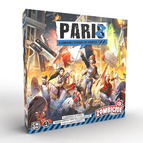 Box art for "PariZ featuring dramatic artwork of survivors battling zombies in a Parisian street setting and shows characters wielding weapons amidst French revolutionary imagery with flames and fireworks illuminating the scene.