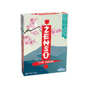 Zensu: The Game board game box featuring Japanese-inspired artwork with pink cherry blossoms and blue wave patterns on a light green background. The game title appears in bold white letters on a red vertical banner, with 'Easy to Learn, Hard to Master' text on the right side. 