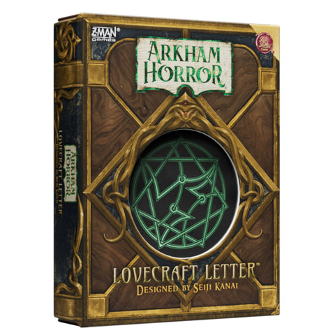 Box of Arkham Horror: Lovecraft Letter featuring an ornate brown wood-textured design with gold metallic borders and a mystical green arcane symbol in the center. The box art has a vintage, eldritch appearance consistent with the Lovecraftian horror theme of the game.