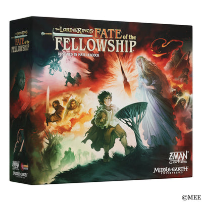 The dramatic box art features characters from Middle-earth including Frodo in the foreground with Gandalf and other fellowship members set against a fiery orange and red background with the Eye of Sauron and other iconic imagery from the series.