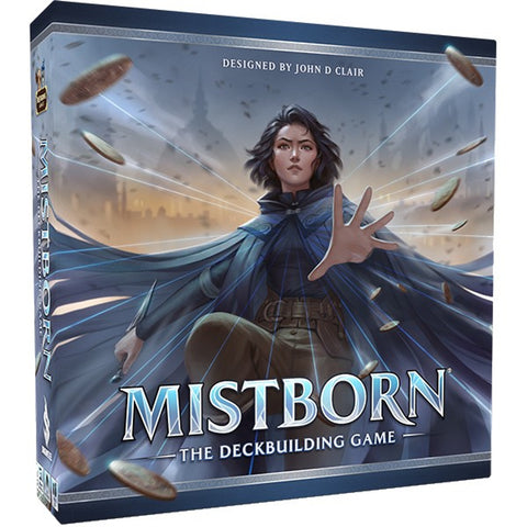 Mistborn: The Deckbuilding Game box cover featuring a young woman in a blue cloak with outstretched hand, surrounded by swirling metal coins and dramatic light beams. The fantasy-themed artwork shows the character using allomantic powers against a stormy battlefield backdrop.