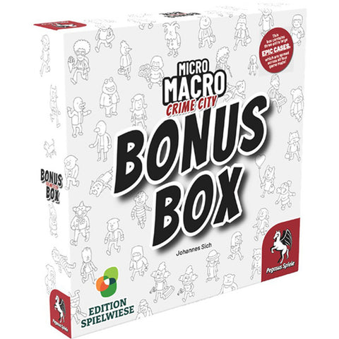 MicroMacro Crime City Bonus Box board game package featuring large black "BONUS BOX" text on a white background covered with small illustrated character drawings. The box shows the Pegasus Spiele publisher logo and indicates it's the "Edition Spielwiese" version. A red circular badge highlights "EPIC CASES" as a key feature of this Crime City series expansion.