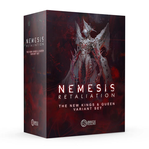 Nemesis Retaliation: The New Kings & Queen Variant Set box featuring a menacing alien creature with skeletal white armor and red accents against a dark, blood-splattered background. 