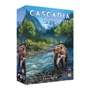 Cascadia: Rolling Rivers board game box featuring a brown bear catching salmon in a rushing river with snow-capped mountains and lush green forests in the background. The box art showcases a scenic Pacific Northwest landscape with detailed nature illustration by Beth Sobel. The game box displays the AEG publisher logo and indicates it's a standalone flip-and-write game in the Cascadia series.
