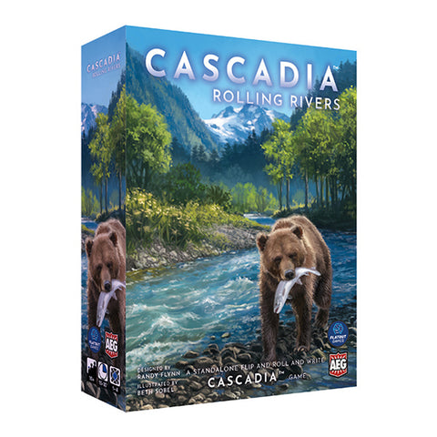Cascadia: Rolling Rivers board game box featuring a brown bear catching salmon in a rushing river with snow-capped mountains and lush green forests in the background. The box art showcases a scenic Pacific Northwest landscape with detailed nature illustration by Beth Sobel. The game box displays the AEG publisher logo and indicates it's a standalone flip-and-write game in the Cascadia series.