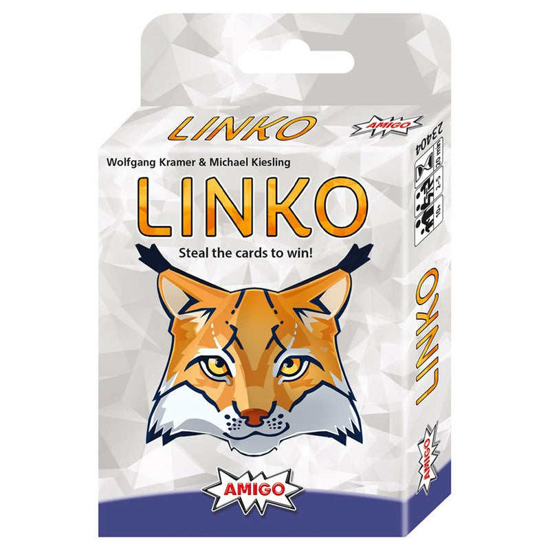 Linko board game box featuring a stylized orange and lynx head with yellow eyes and crossed arrows above it. The box has a white and gray geometric background with the large yellow 'LINKO' title and tagline 'Steal the cards to win!' prominently displayed.