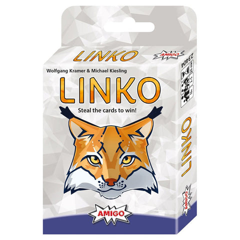 Linko board game box featuring a stylized orange and lynx head with yellow eyes and crossed arrows above it. The box has a white and gray geometric background with the large yellow 'LINKO' title and tagline 'Steal the cards to win!' prominently displayed.