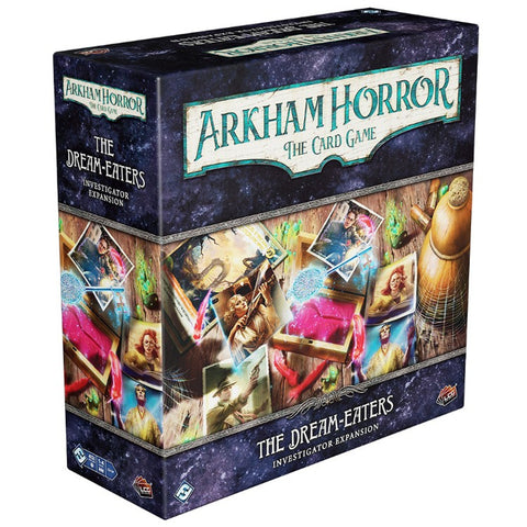Arkham Horror: The Card Game - The Dream-Eaters Investigator Expansion box featuring colorful artwork of five different investigators in action scenes across the front panel. The box has a dark starry background with the game's distinctive teal and cream logo at the top.