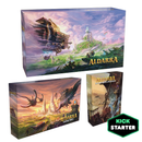 Three Aldarra board game boxes featuring fantasy artwork with floating castles, dragons, and magical landscapes in vibrant colors. 