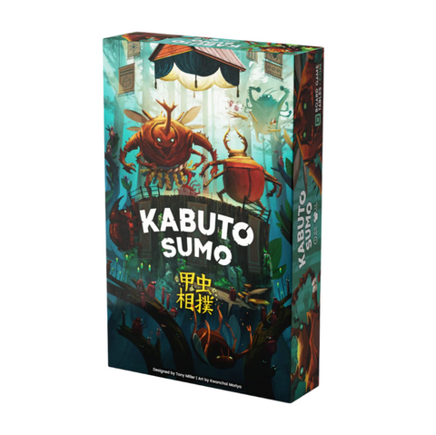 Kabuto Sumo board game box featuring vibrant artwork of a large beetle wrestler in a sumo ring surrounded by cheering insect spectators under colorful banners. The box art depicts a fantasy wrestling scene with rich teal and orange colors, showing the main beetle character in dramatic wrestling pose. 