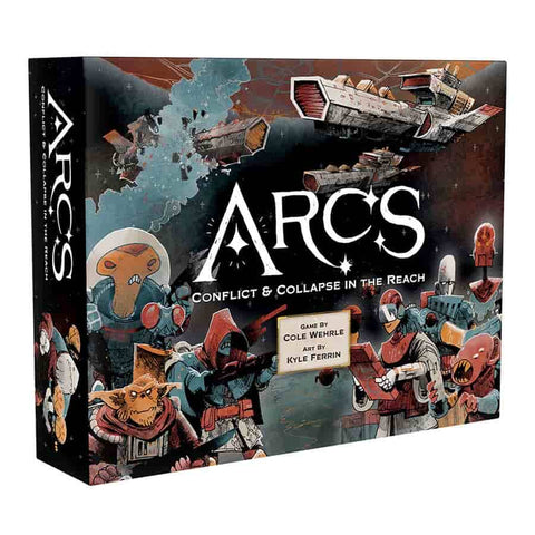 The box cover of ARCS: Conflict & Collapse in the Reach board game, designed by Cole Wehrle with art by Kyle Ferrin, featuring colorful sci-fi artwork of spaceships and alien characters. The dramatic artwork showcases various alien species in space suits, battle-ready spacecraft, and a cosmic backdrop in rich teal and rust tones. The box displays a distinctive triangular logo and conveys the game's science fiction theme through its vibrant, stylized illustrations.