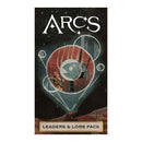 Cover image of the Arcs Leaders & Lore Pack expansion. The artwork features a cosmic design with a red circular emblem containing a stylized fish symbol, surrounded by geometric white lines against a dark starry background. The Arcs logo appears at the top, with 'LEADERS & LORE PACK' labeled on a banner at the bottom.