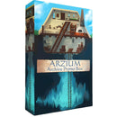 Box art for Arzium Archive Promo Box, featuring a cross-section illustration of a multi-level stone building with wooden ladders connecting different floors. The structure is built above a blue underground cavern, with interior details showing furniture and a stone oven.