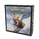 Heroes of Might & Magic III: The Board Game box showing a winged warrior angel in golden armor wielding a sword and shield against a cloudy sky background.
