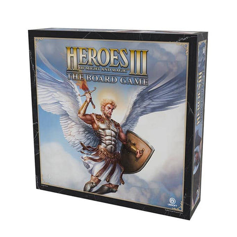 Heroes of Might & Magic III: The Board Game box showing a winged warrior angel in golden armor wielding a sword and shield against a cloudy sky background.