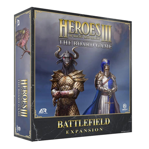 Heroes of Might and Magic III: The Board Game Battlefield Expansion box showing two armored fantasy warriors against a stormy blue sky background. The box features a minotaur-like creature in bronze scale armor on the left and a knight in white and blue armor with a cape on the right.