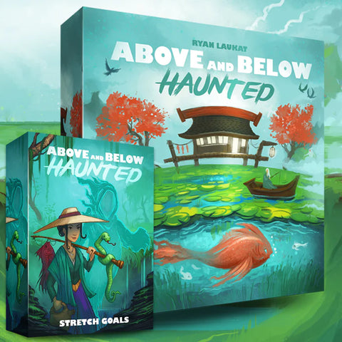 Product boxes for Above and Below: Haunted. The larger main game box displays serene water scenery with lily pads and a small boat, while the smaller expansion box shows a character wearing a conical hat in a mysterious swamp environment. Both boxes feature the game's distinctive teal color scheme and fantasy illustrations characteristic of the Arzium world setting.